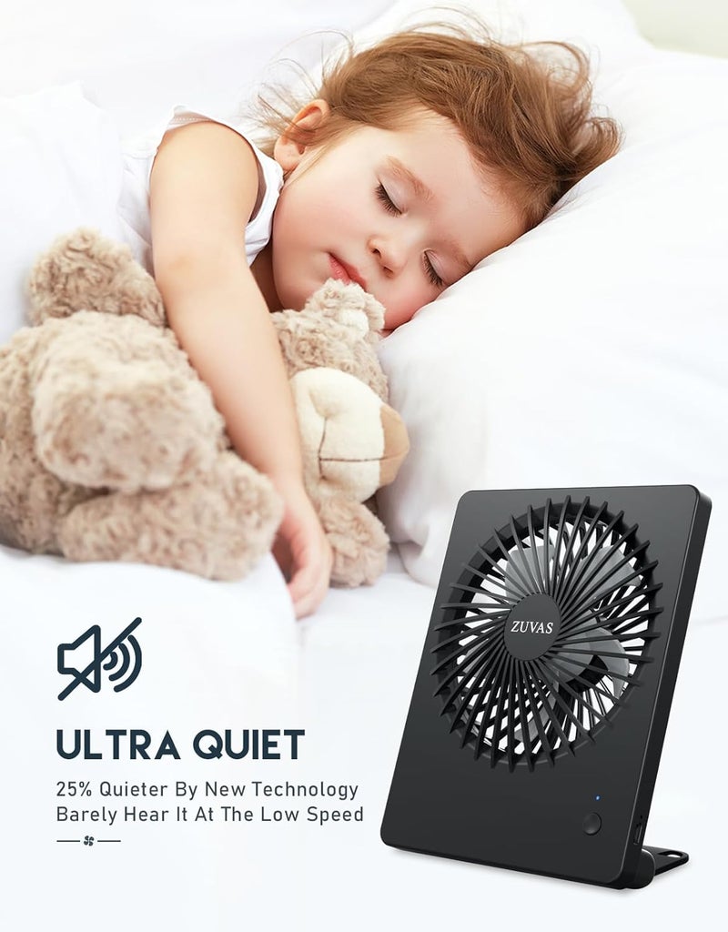 Zuvas Desk Fan Battery Operated Fan Rechargeable 180°Tilt Folding Personal Fan Ultra Quiet Small Portable 3 Speed Adjustable Strong Wind Fan For Office Bedroom Home Desktop Camping (Black) - Image 2